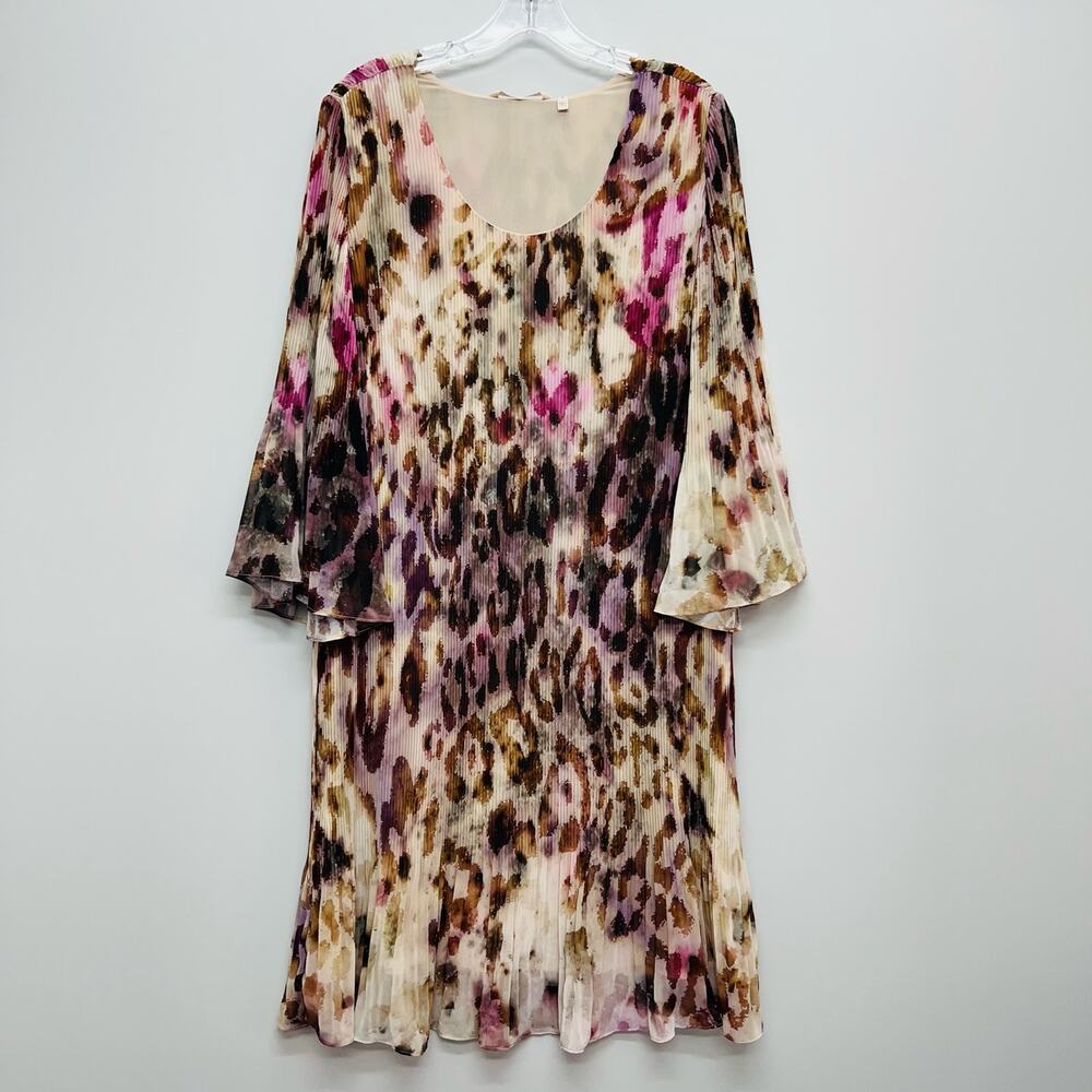 SOFT SURROUNDINGS Ballia Dress Pleated Chiffon Animal Print Bell Sleeve Womens M